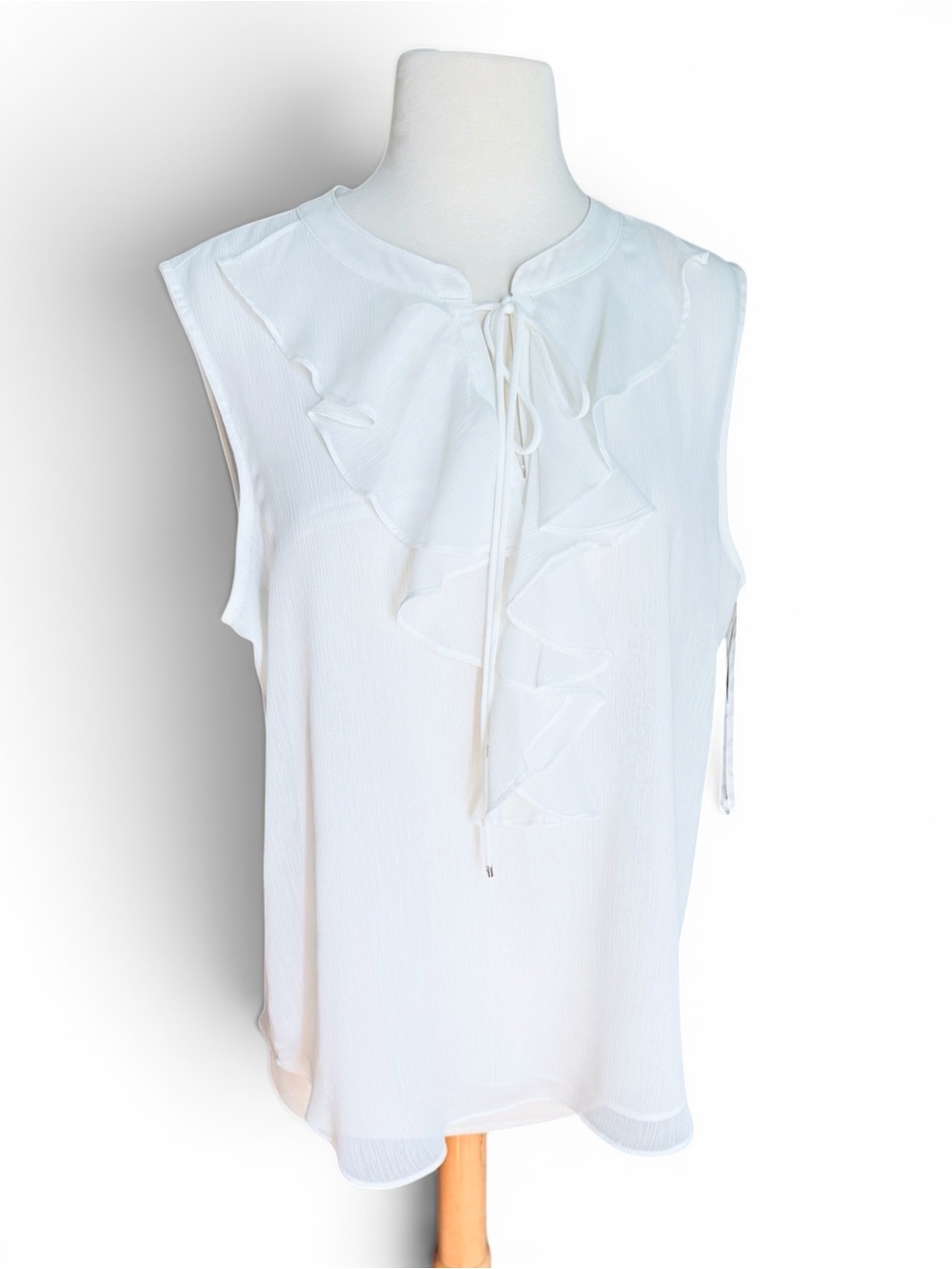 Tommy Hilfiger White Gauze-like Sleeveless Blouse with Ruffles and Tie